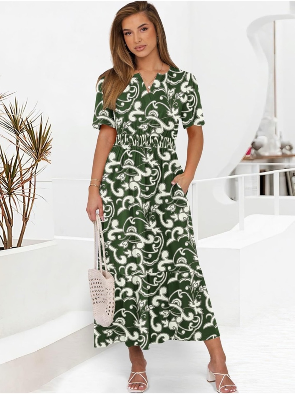 Amazon Green and Cream Floral-Print Midi Dress XL